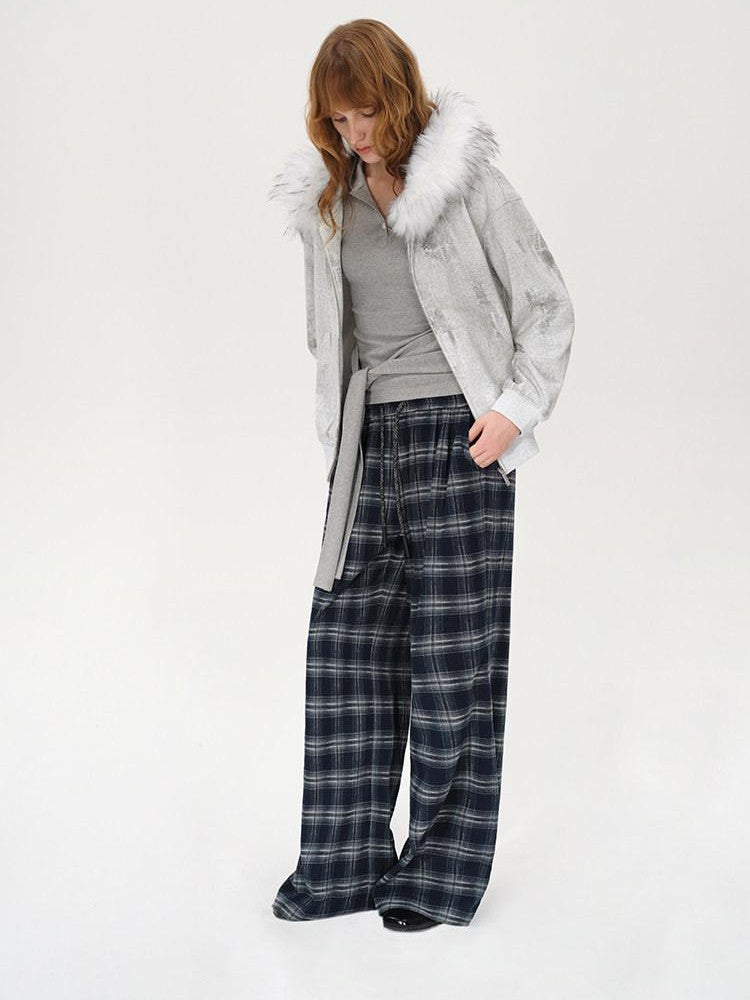 AFTADAWN Wax Dyed Patchwork Loose Fit Removable Fur Women&
