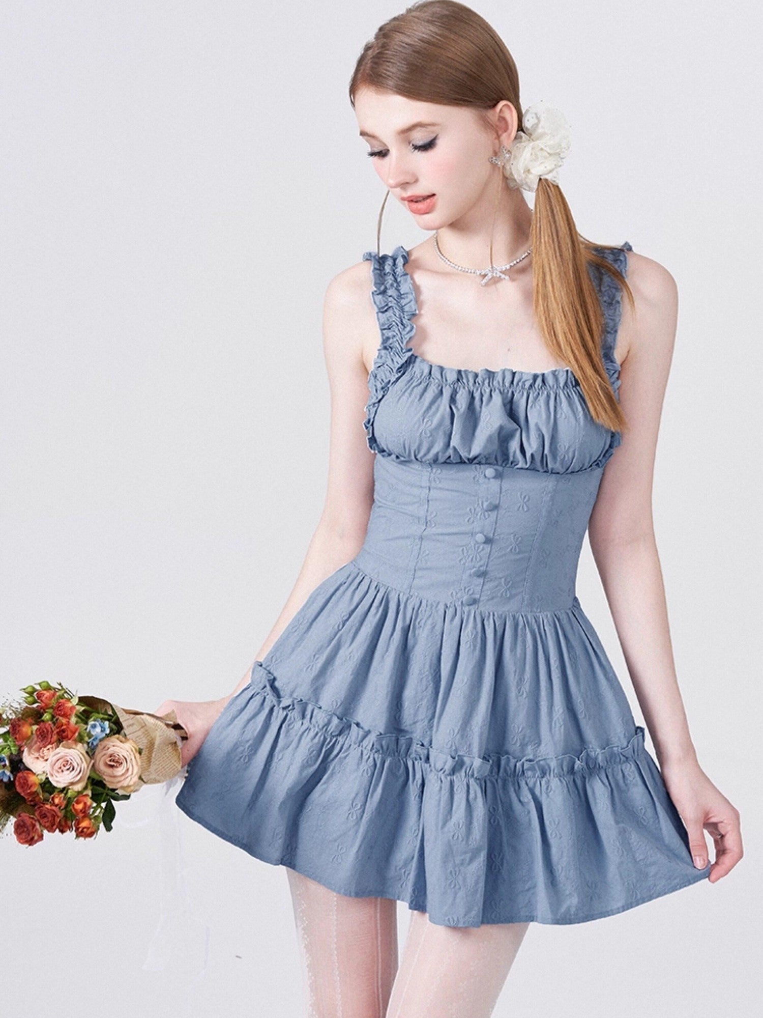 AFTADAWN White 3d Bow Embroidered Jacquard Gathered Women&