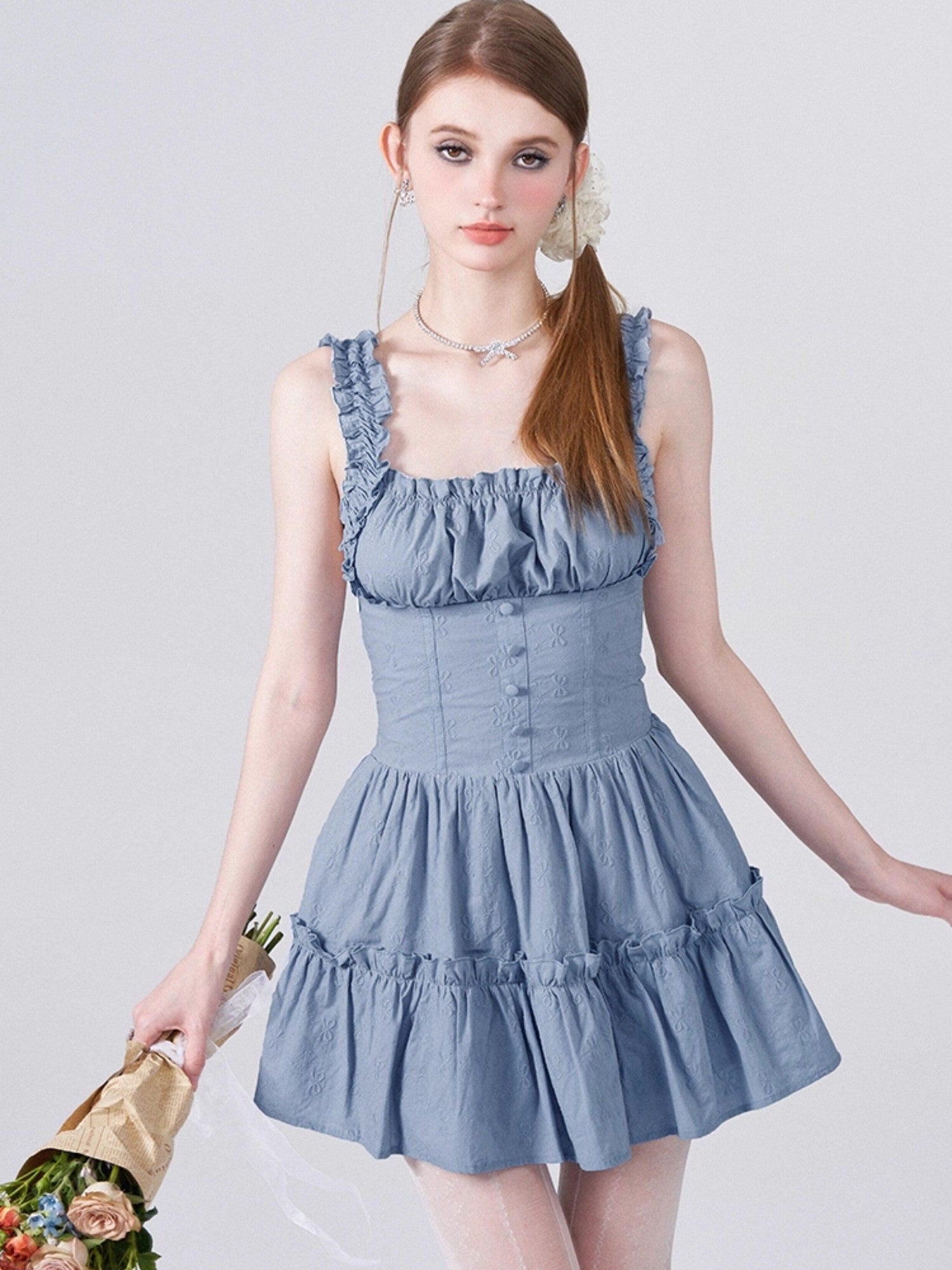 AFTADAWN White 3d Bow Embroidered Jacquard Gathered Women&