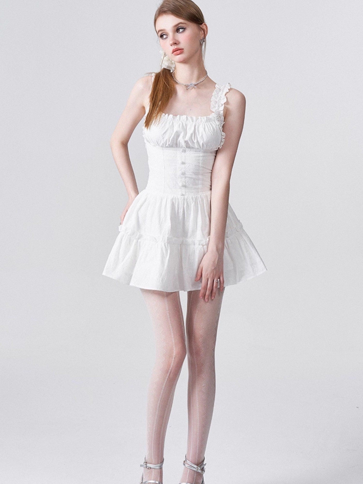 AFTADAWN White 3d Bow Embroidered Jacquard Gathered Women&