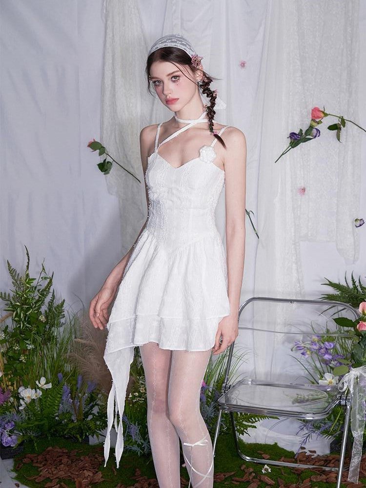 AFTADAWN White 3d Rose Ruched Asymmetrical V-neck Women&