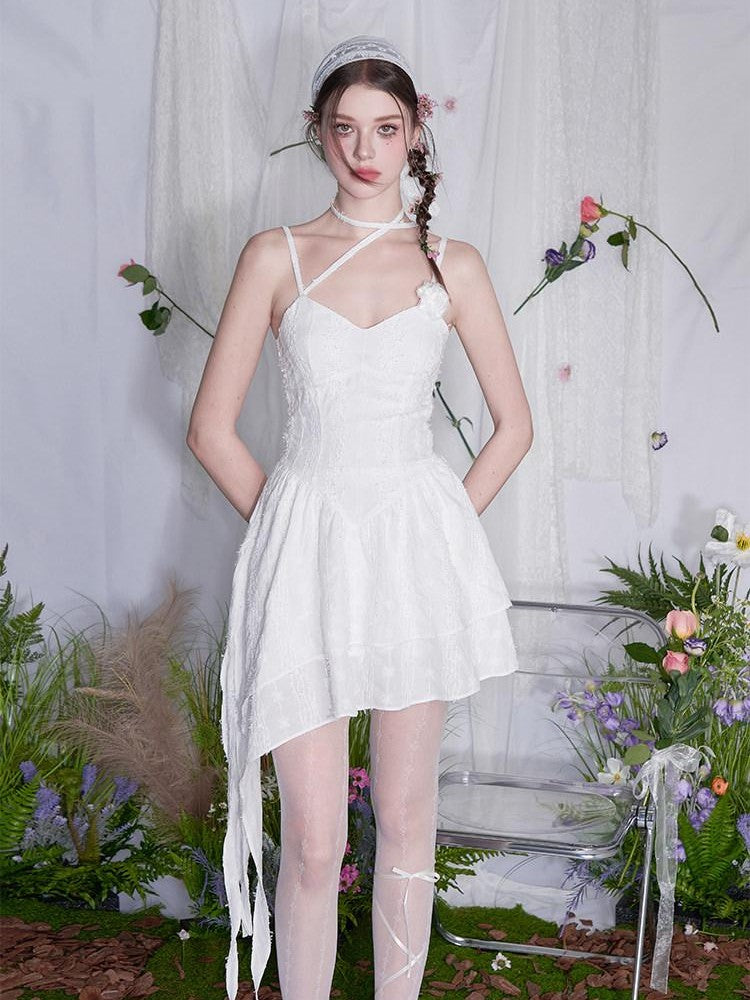 AFTADAWN White 3d Rose Ruched Asymmetrical V-neck Women&