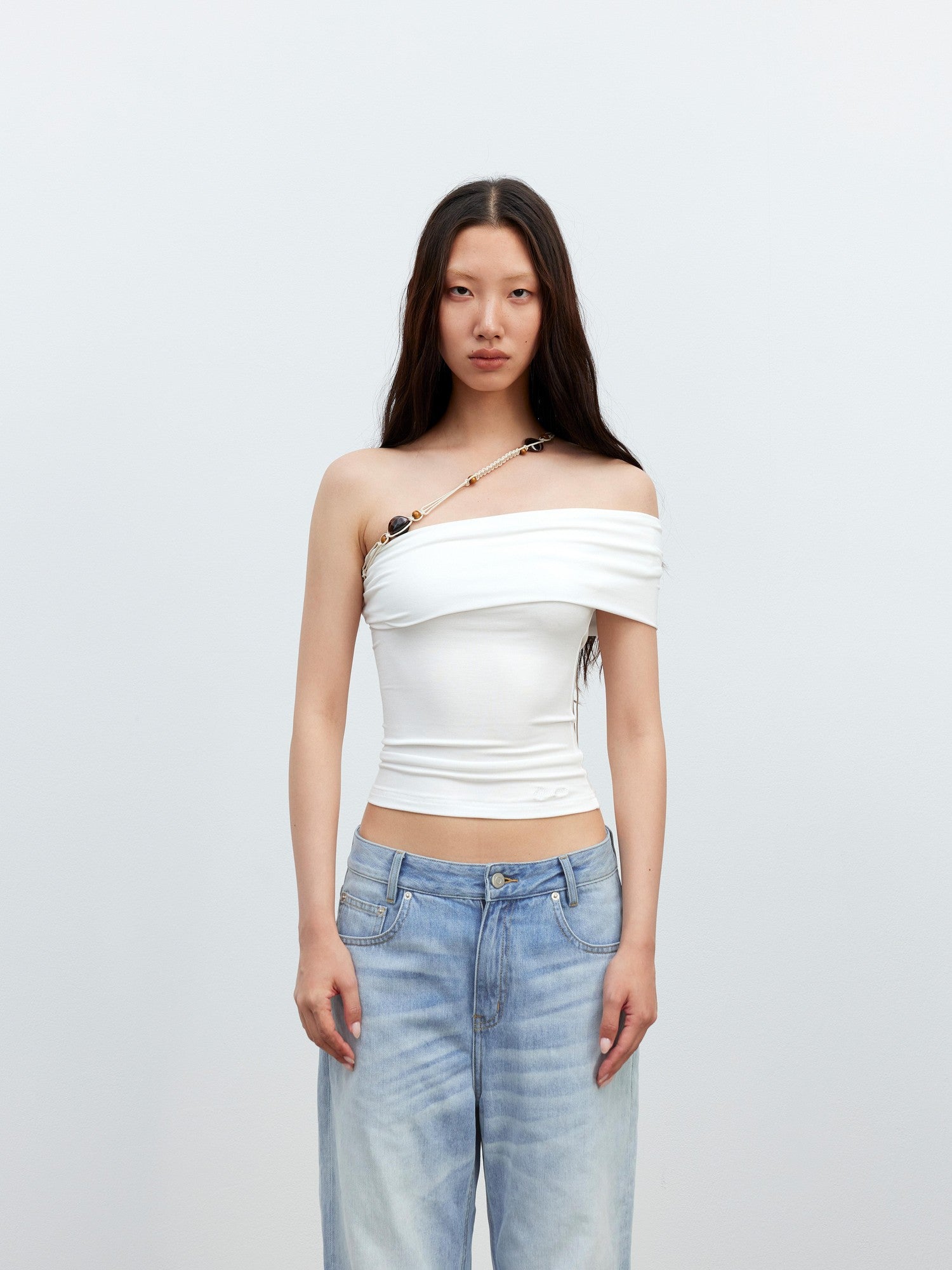 AFTADAWN White Asymmetrical Beaded Drawstring Slim Women&