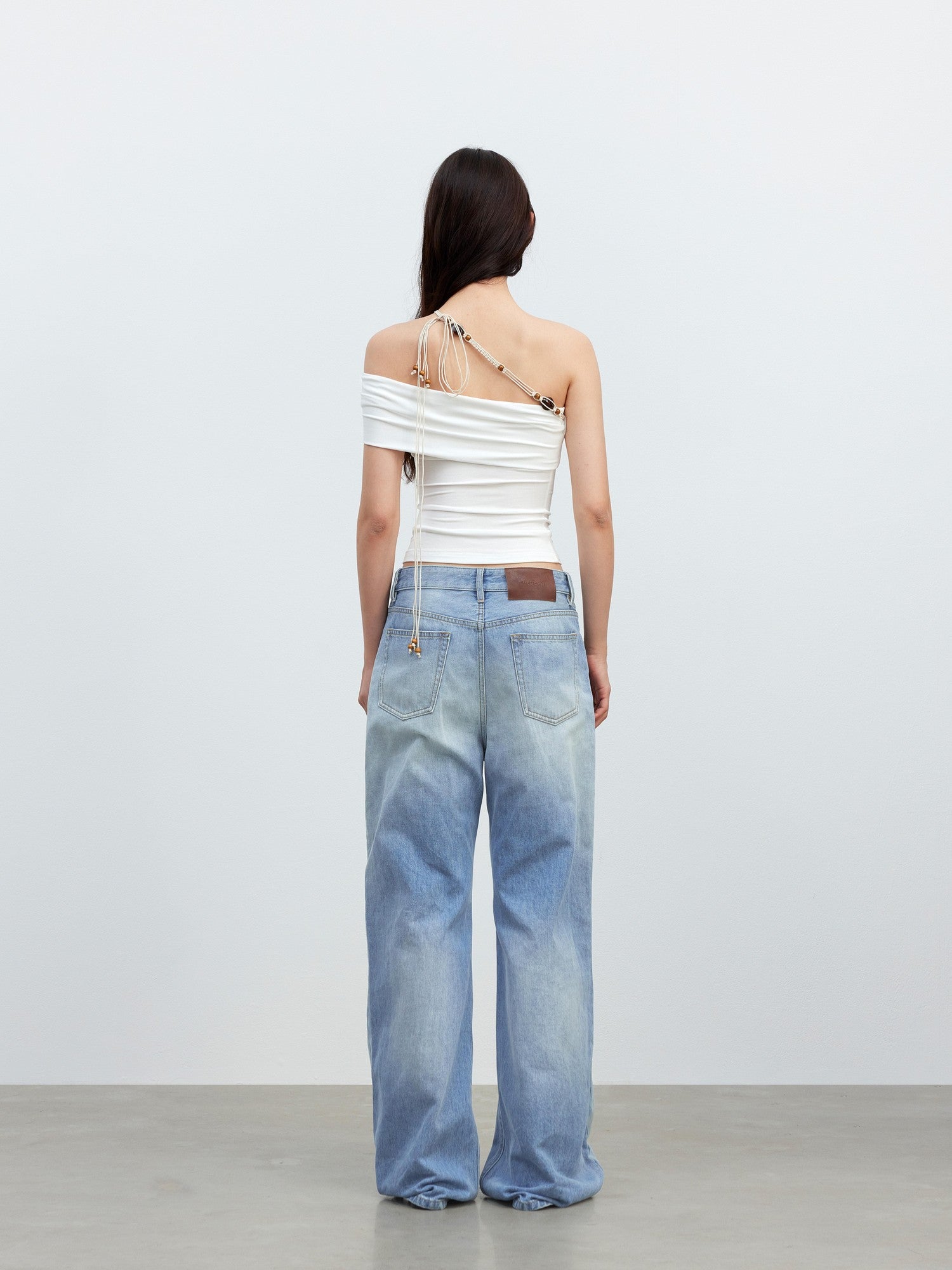 AFTADAWN White Asymmetrical Beaded Drawstring Slim Women&