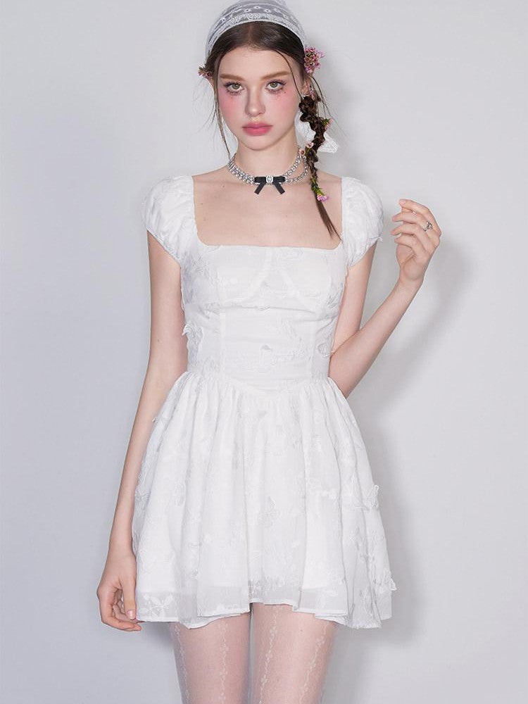 AFTADAWN White Butterfly Jacquard Embroidered A Line Women&