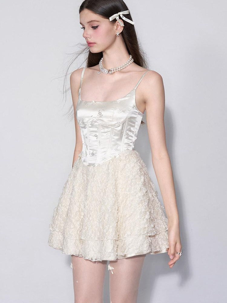 AFTADAWN White Embroidered Lace Boned Puff High Waist Women&