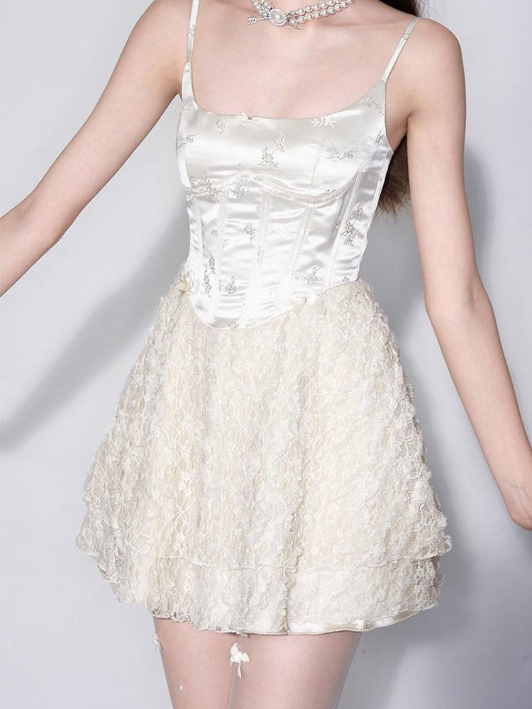 AFTADAWN White Embroidered Lace Boned Puff High Waist Women&