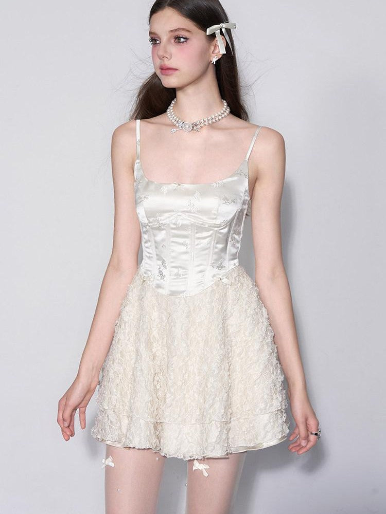 AFTADAWN White Embroidered Lace Boned Puff High Waist Women&