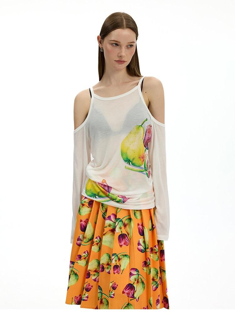 AFTADAWN White Floral Print Slight Shoulder Cutout Women&