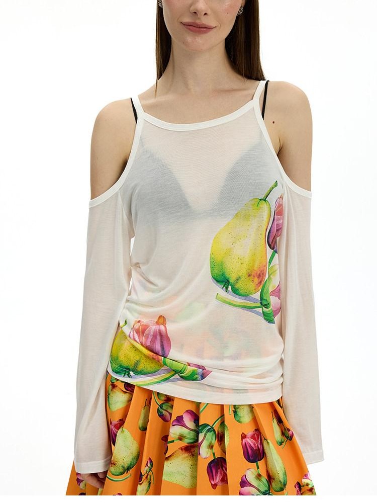 AFTADAWN White Floral Print Slight Shoulder Cutout Women&