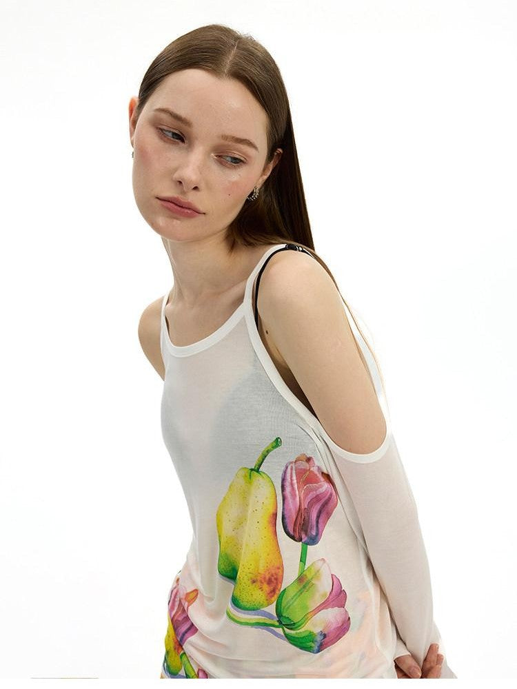 AFTADAWN White Floral Print Slight Shoulder Cutout Women&