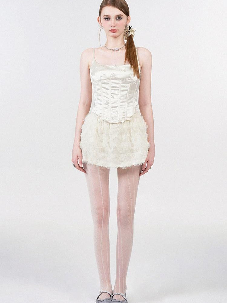 AFTADAWN White Satin Jacquard Embroidered Boned Waist Women&