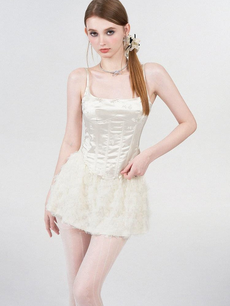AFTADAWN White Satin Jacquard Embroidered Boned Waist Women&