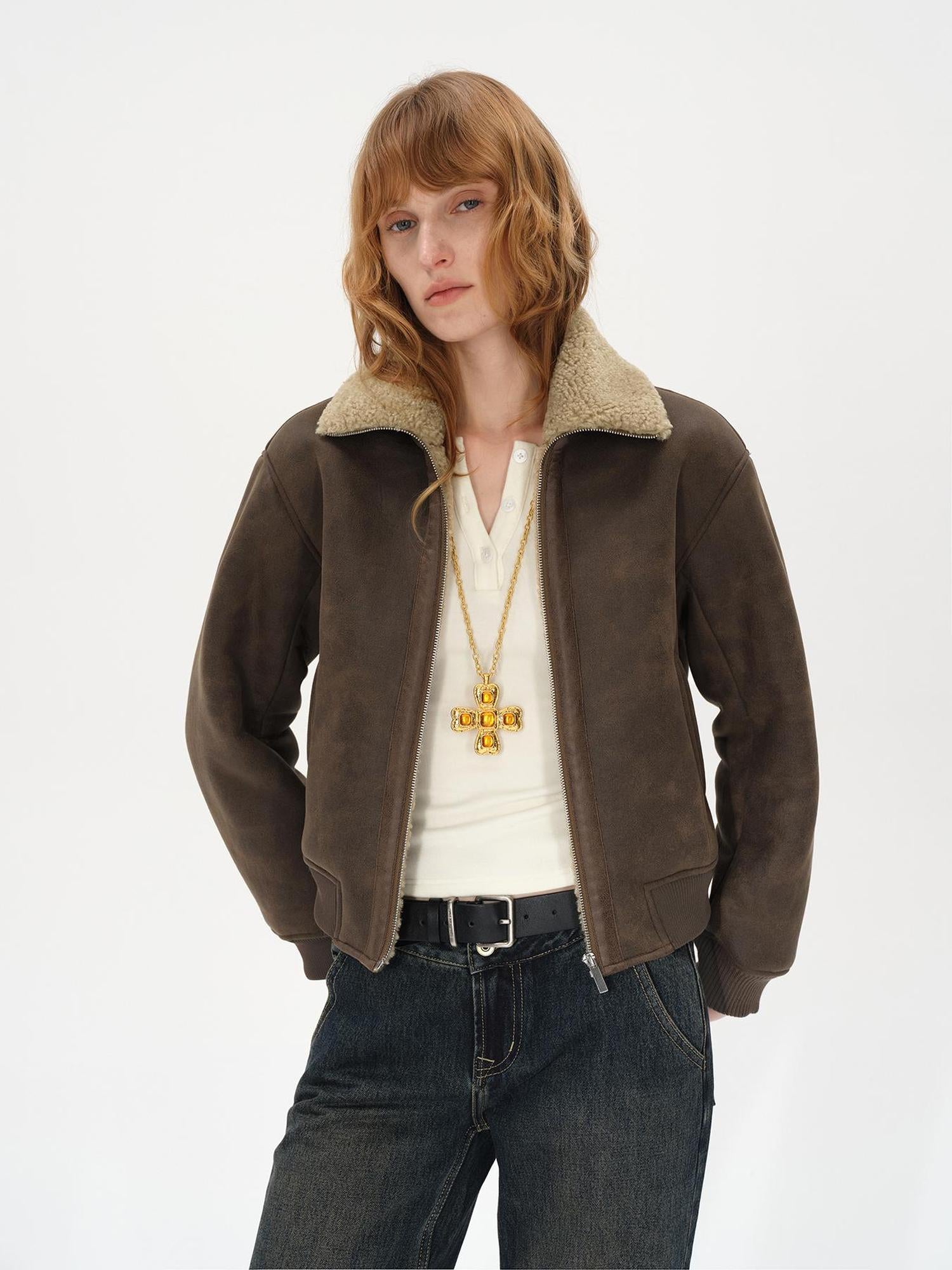 AFTADAWN Winter Shearling Collar Cropped Jacket