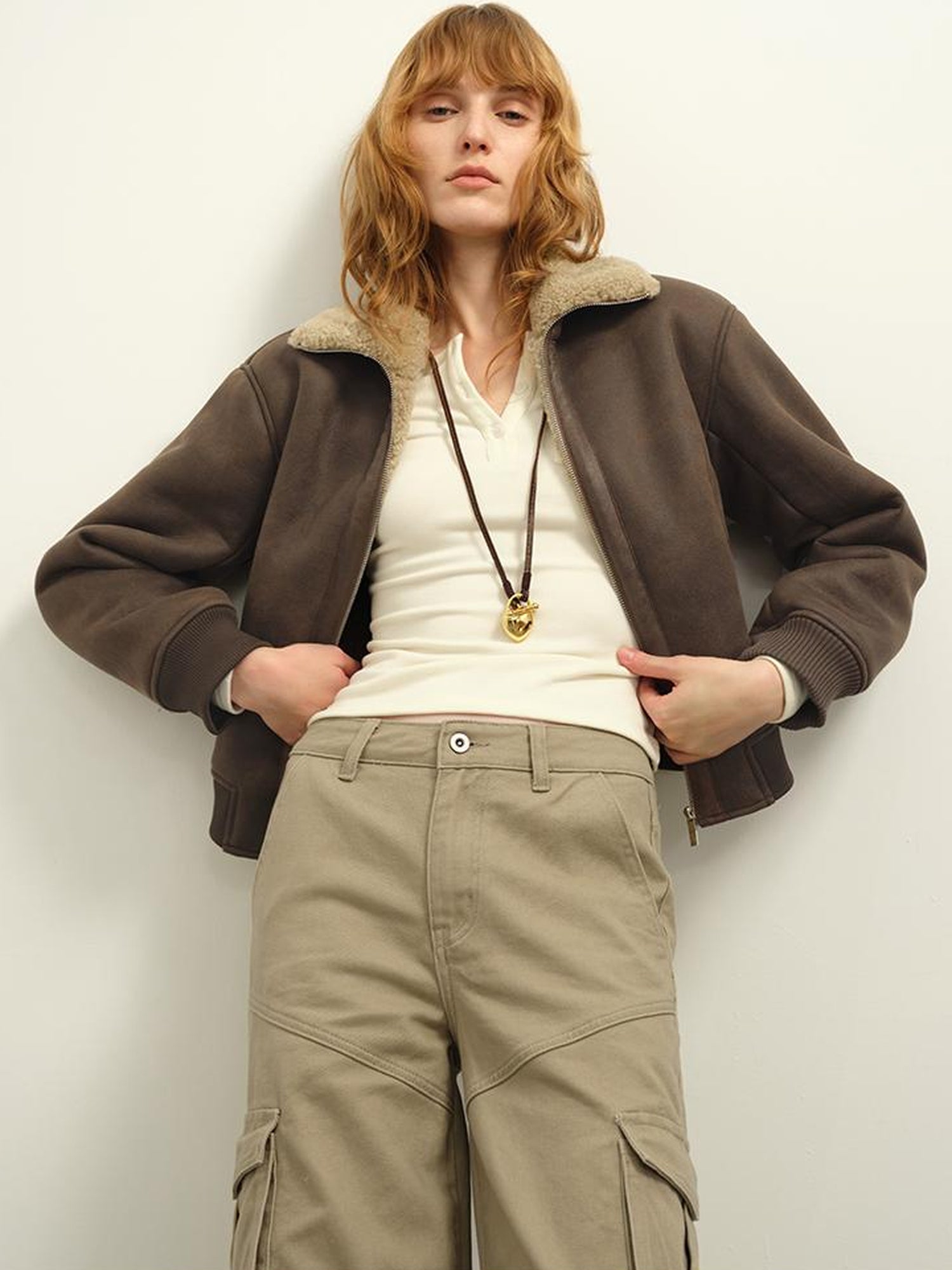 AFTADAWN Winter Shearling Collar Cropped Jacket