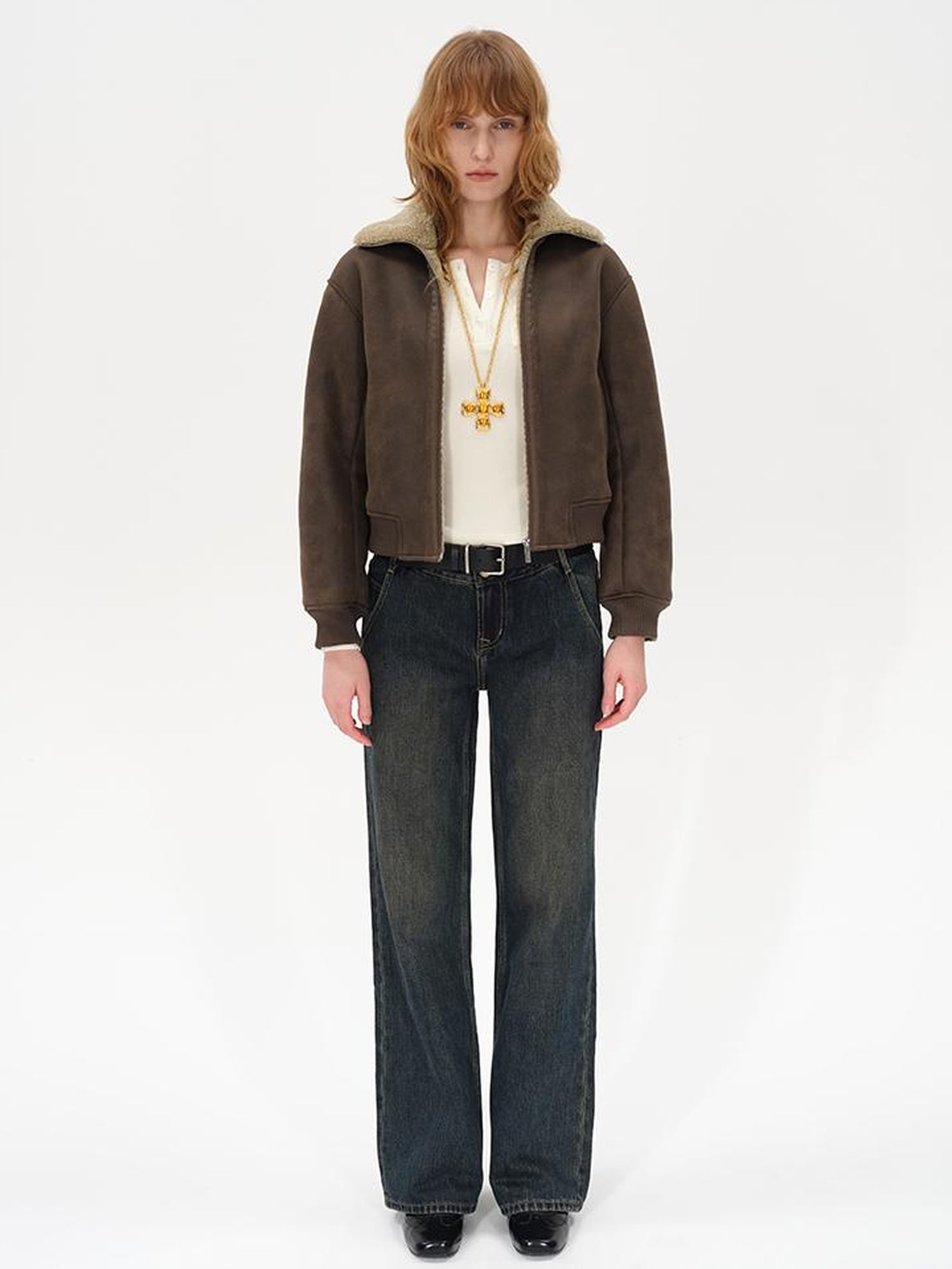 AFTADAWN Winter Shearling Collar Cropped Jacket