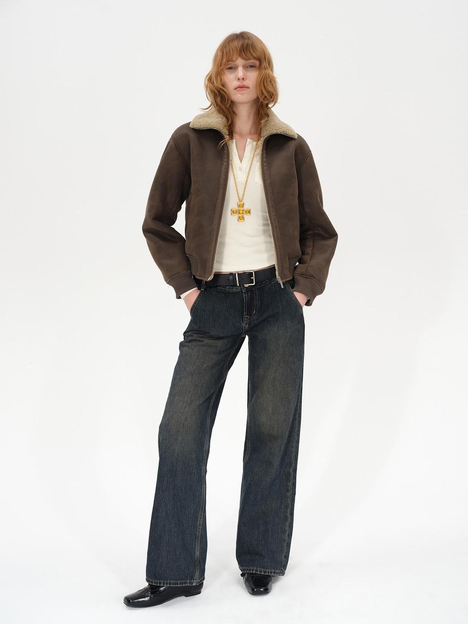 AFTADAWN Winter Shearling Collar Cropped Jacket