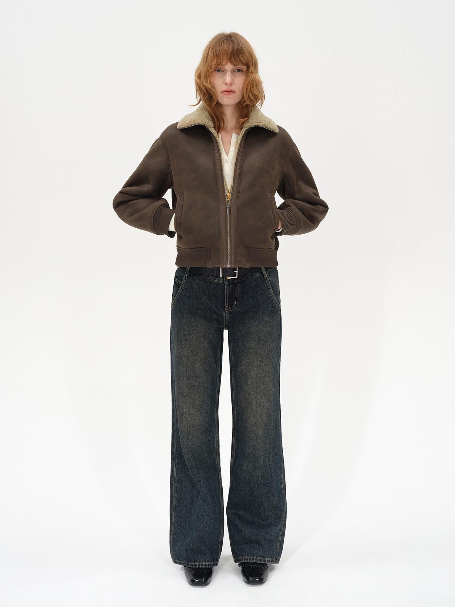 AFTADAWN Winter Shearling Collar Cropped Jacket