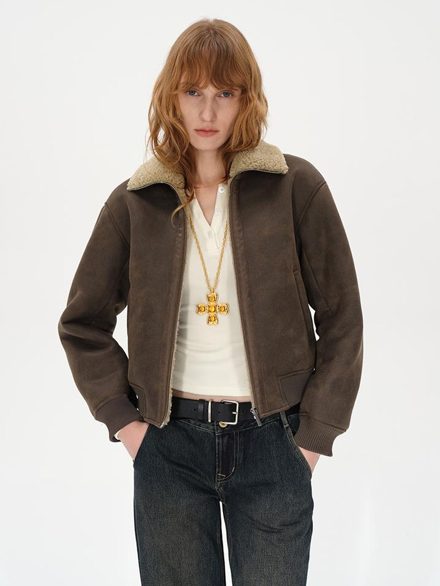 AFTADAWN Winter Shearling Collar Cropped Jacket