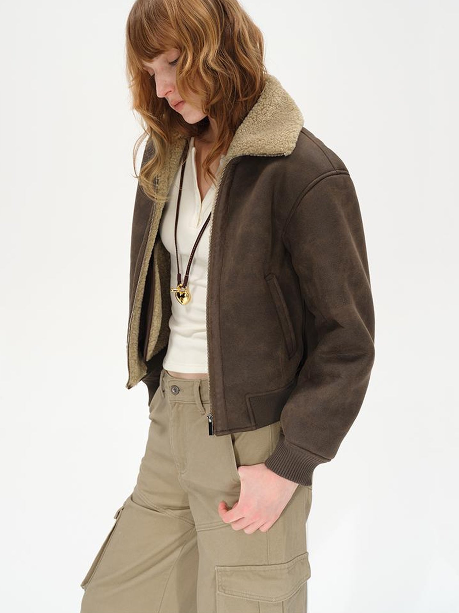 AFTADAWN Winter Shearling Collar Cropped Jacket