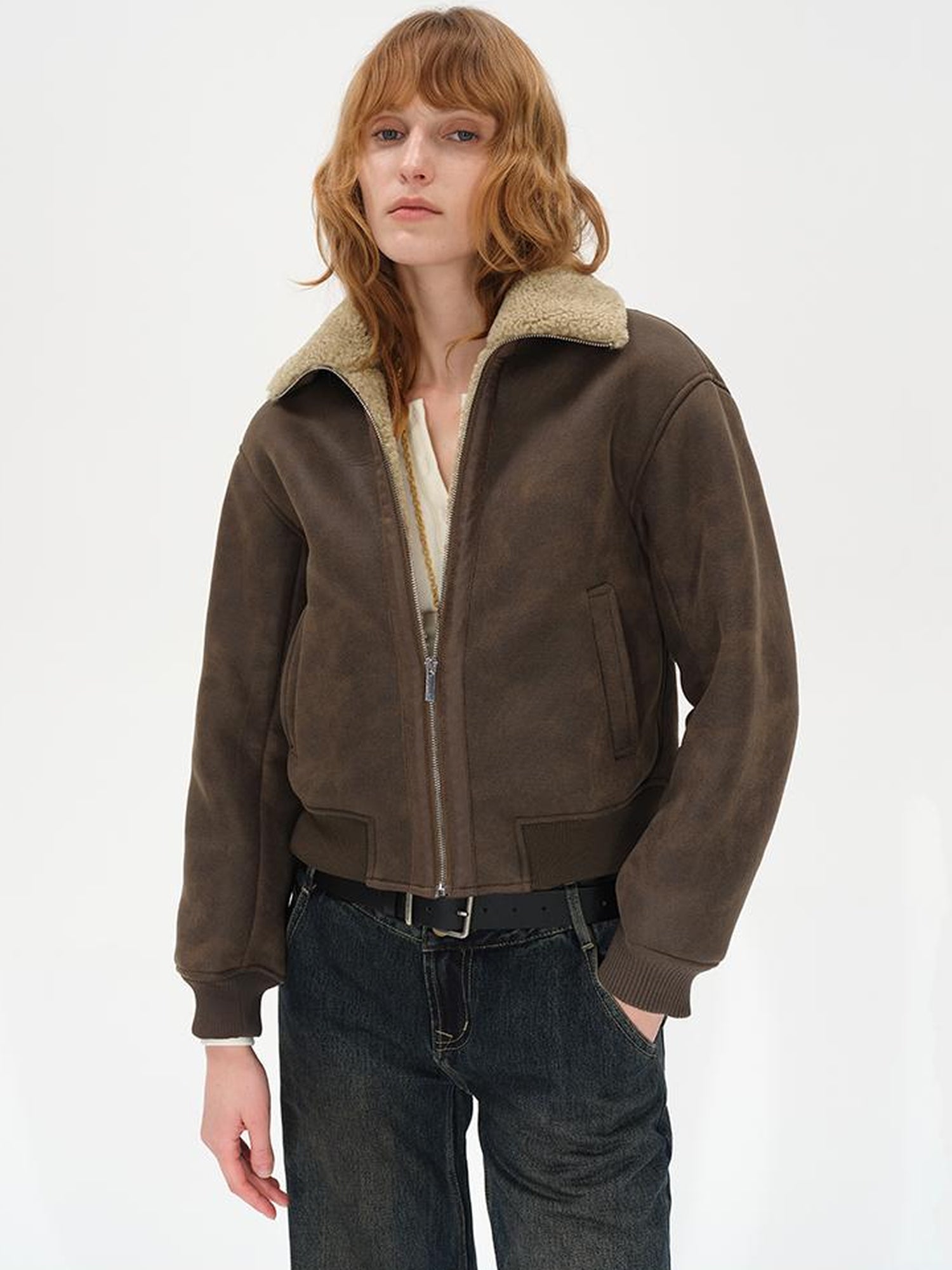 AFTADAWN Winter Shearling Collar Cropped Jacket