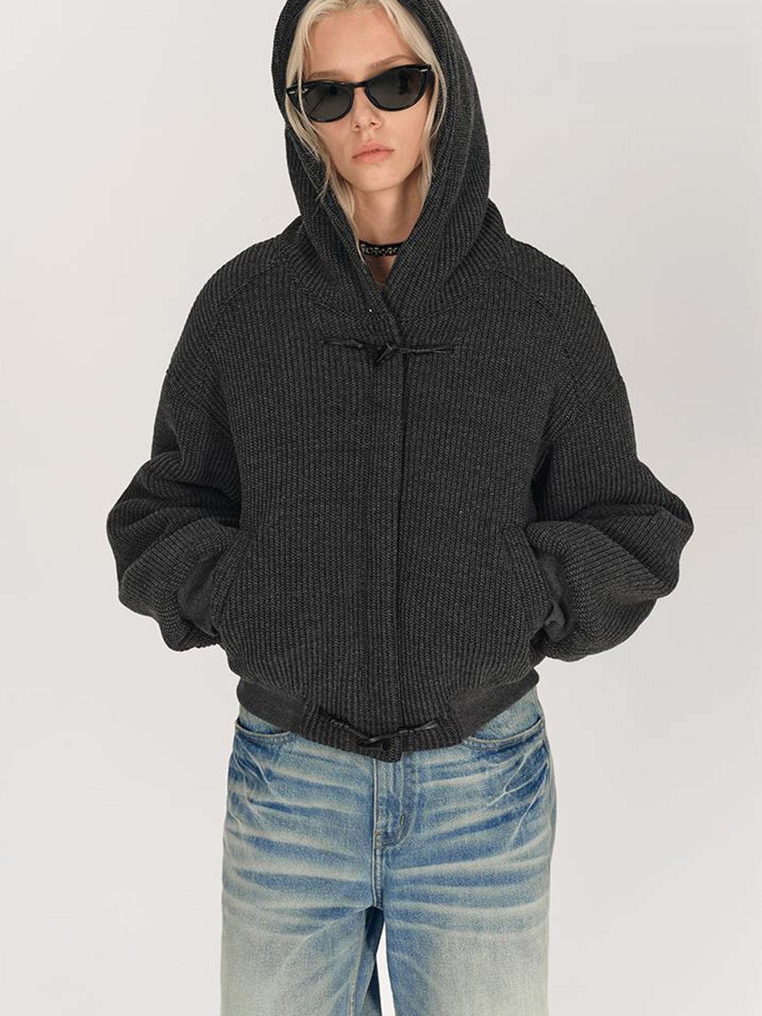 AFTADAWN Wool Blend Herringbone Hooded Coat With Horn Buttons