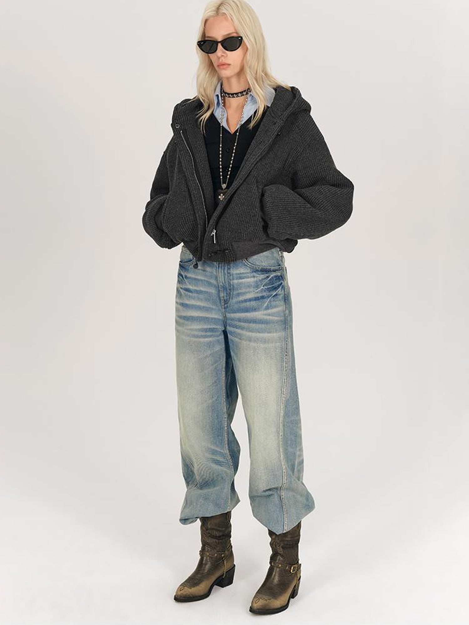 AFTADAWN Wool Blend Herringbone Hooded Coat With Horn Buttons