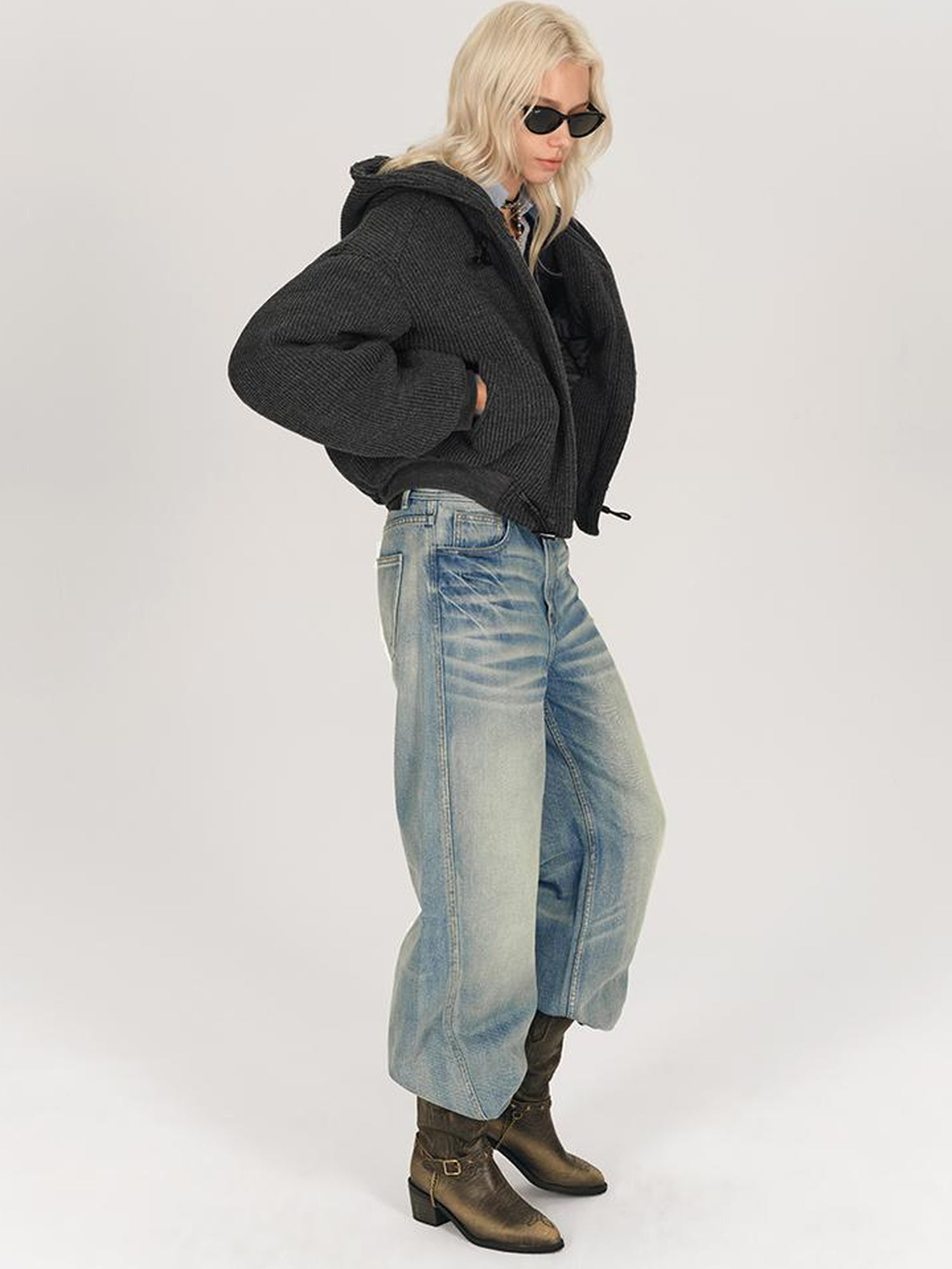 AFTADAWN Wool Blend Herringbone Hooded Coat With Horn Buttons