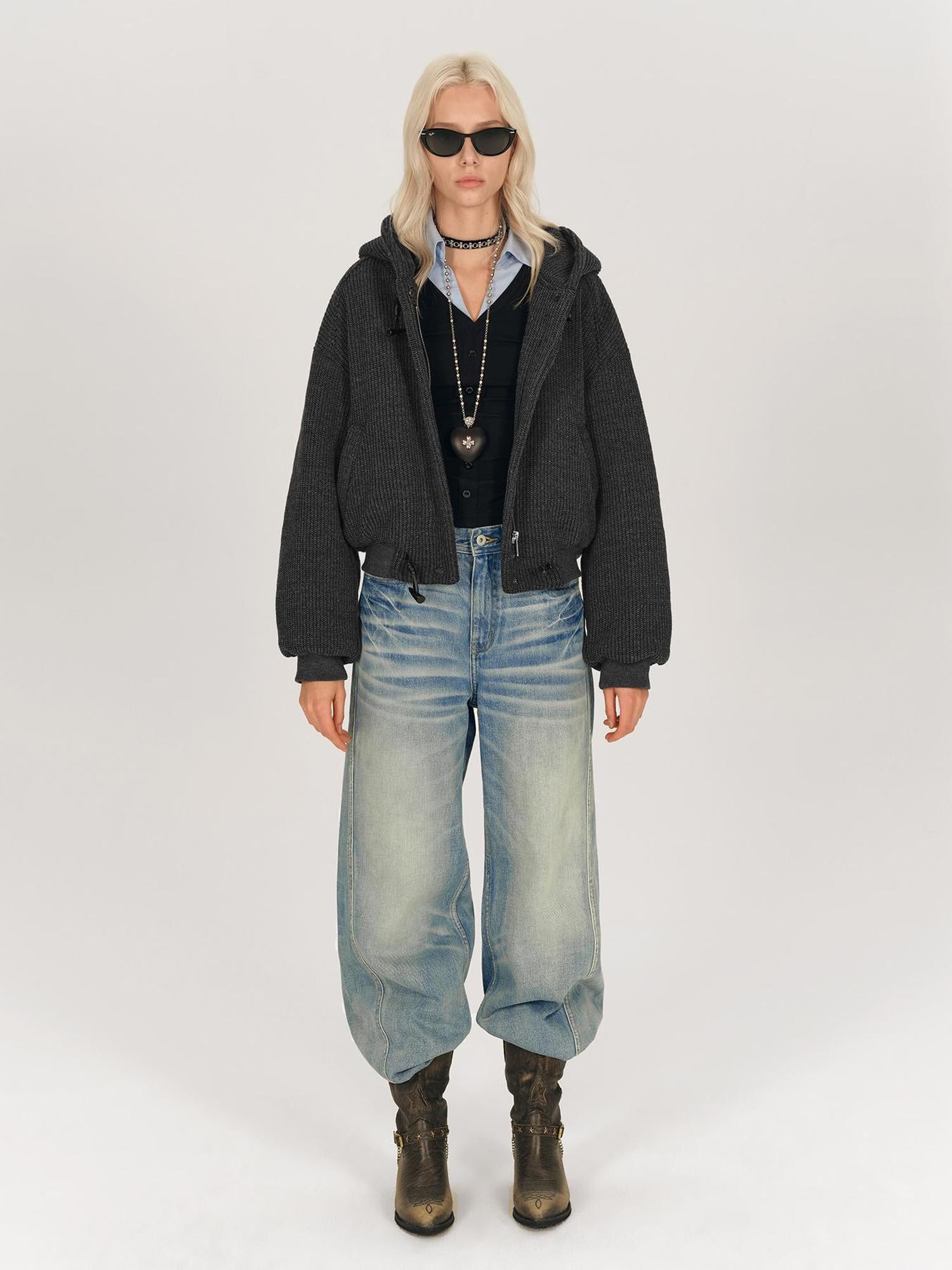 AFTADAWN Wool Blend Herringbone Hooded Coat With Horn Buttons