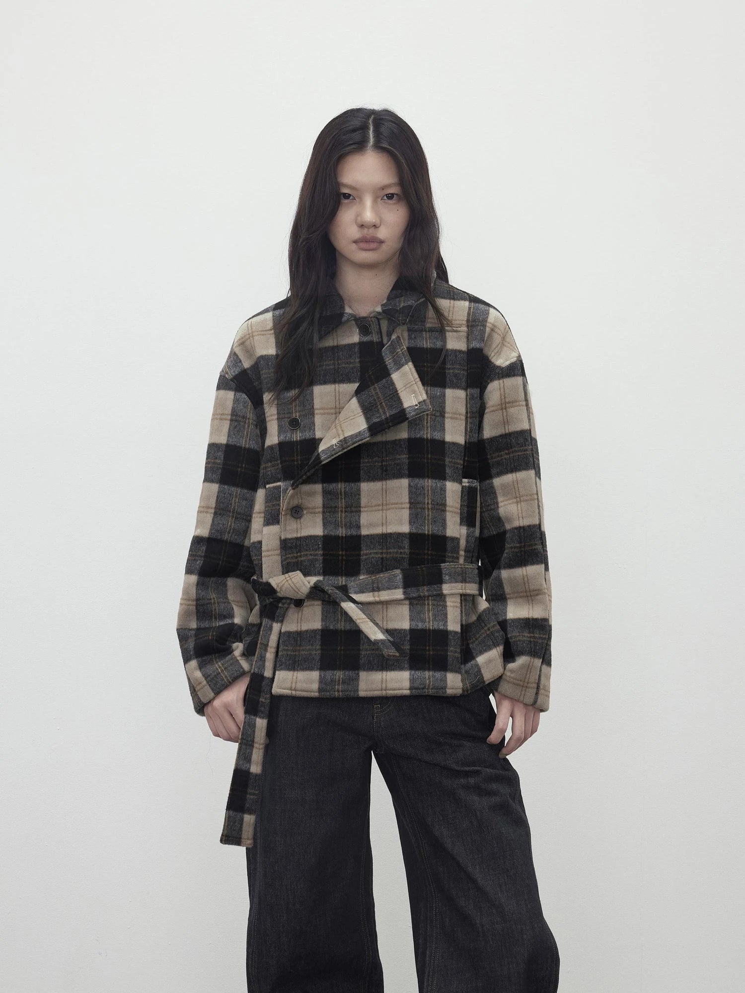 Wool Blend Plaid Asymmetric Trench Coat With Belt