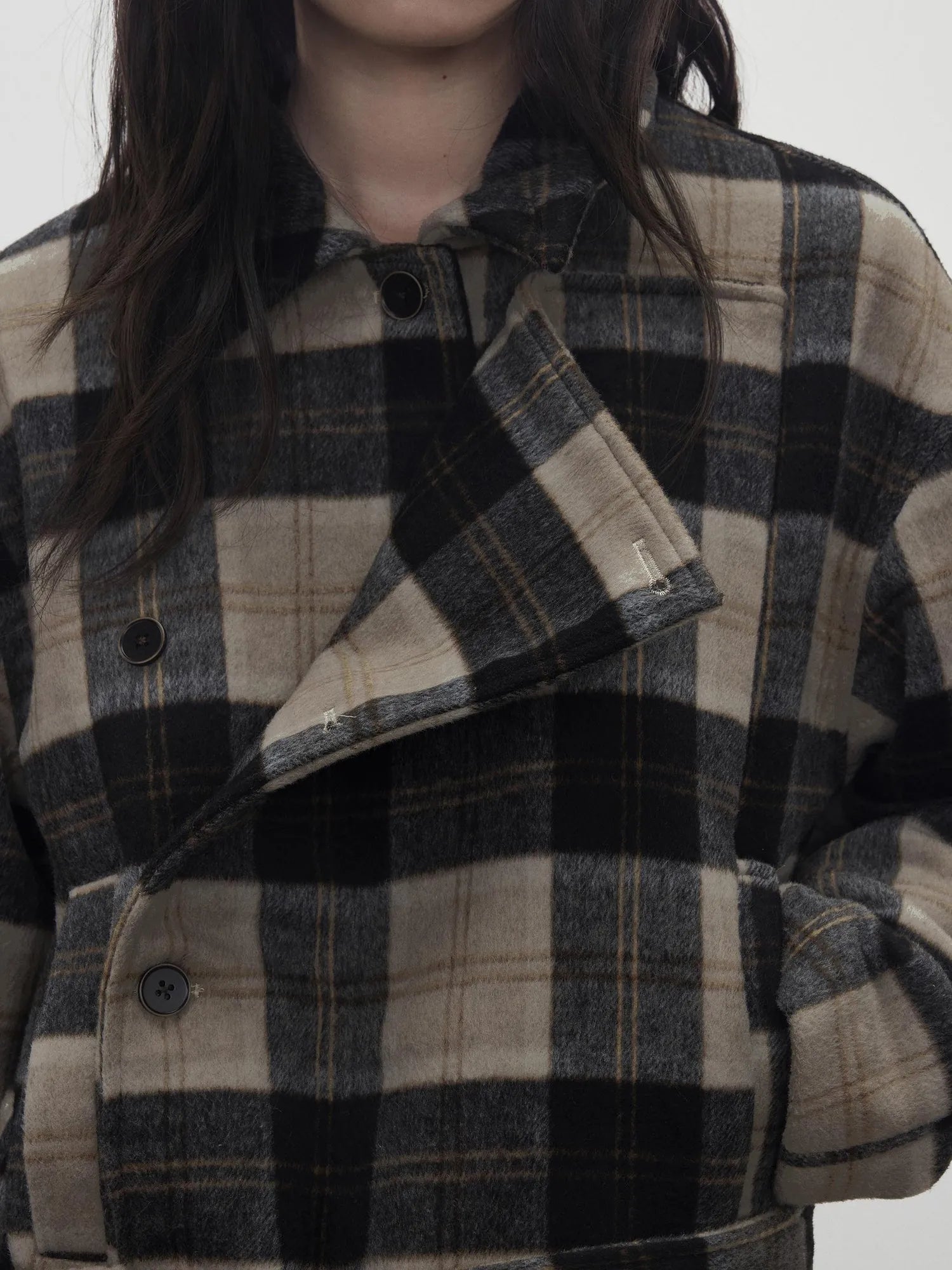 Wool Blend Plaid Asymmetric Trench Coat With Belt