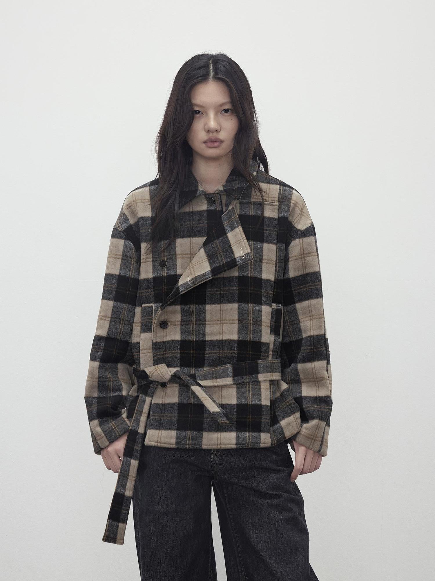 AFTADAWN Wool Blend Plaid Asymmetric Trench Coat With Belt