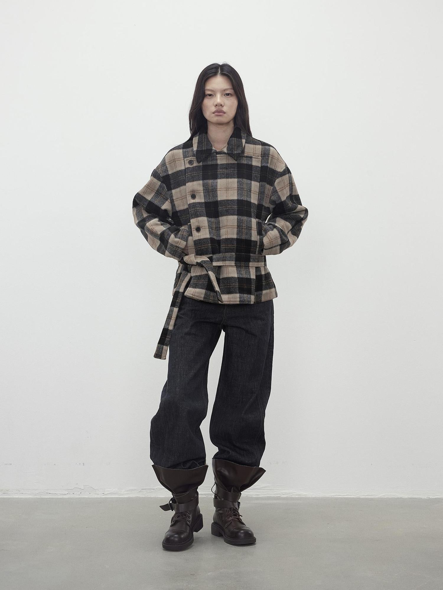 AFTADAWN Wool Blend Plaid Asymmetric Trench Coat With Belt