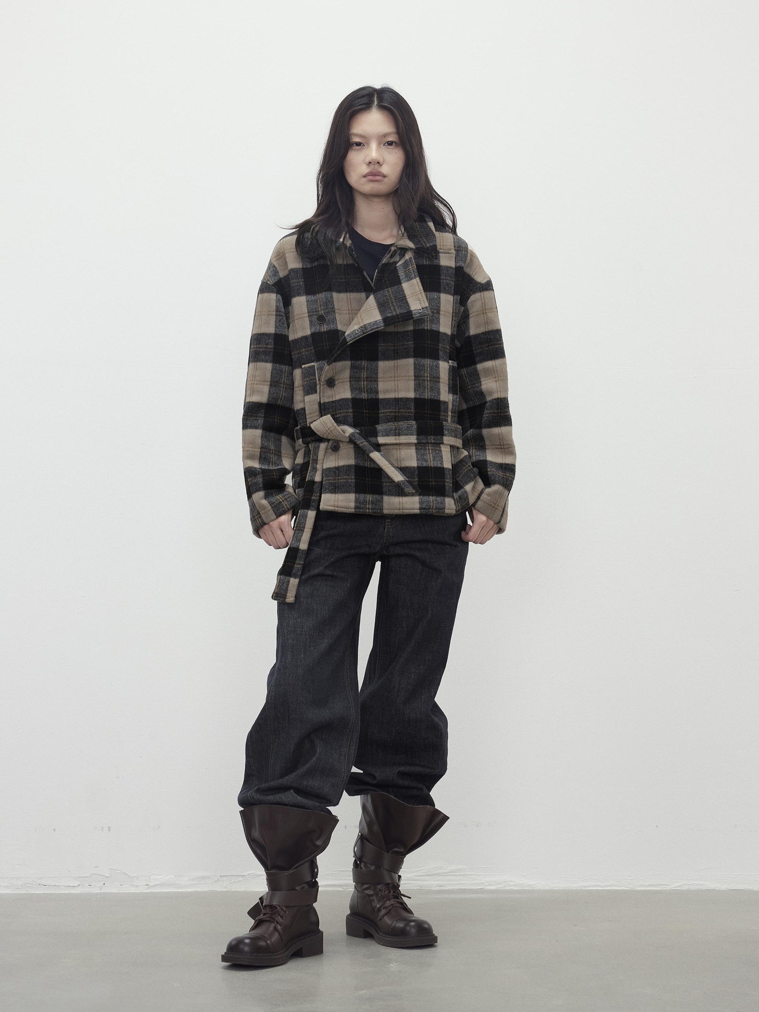 AFTADAWN Wool Blend Plaid Asymmetric Trench Coat With Belt