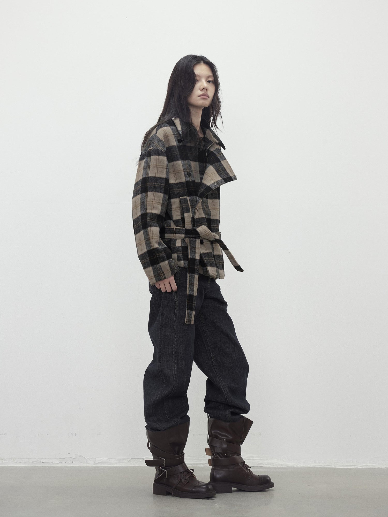 AFTADAWN Wool Blend Plaid Asymmetric Trench Coat With Belt