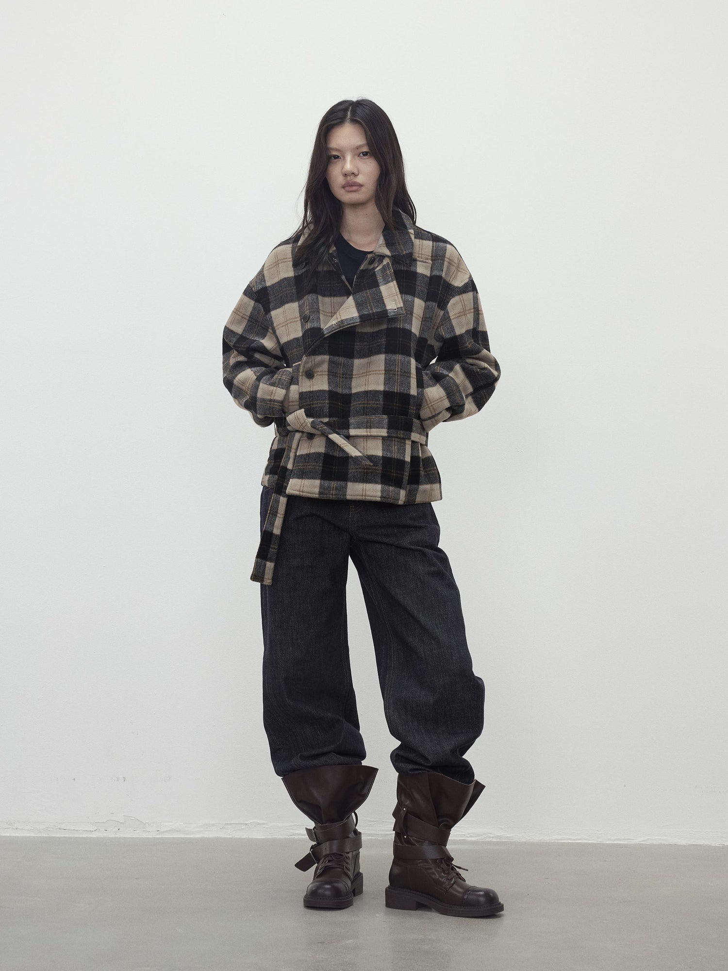AFTADAWN Wool Blend Plaid Asymmetric Trench Coat With Belt