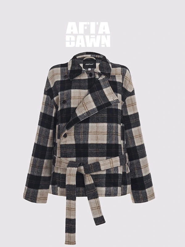 Wool Blend Plaid Asymmetric Trench Coat With Belt