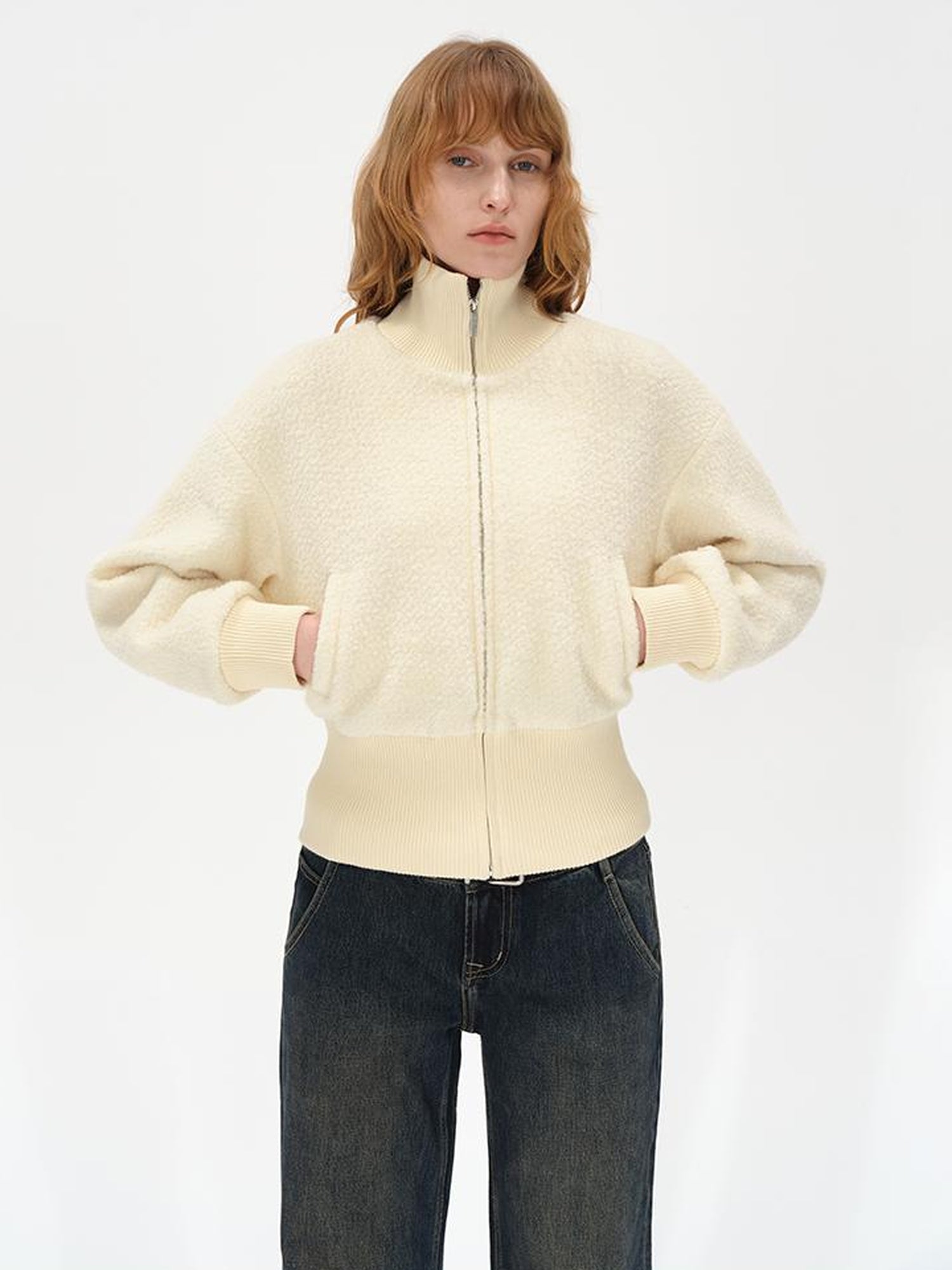 Wool Rib Knit Zip Front Cropped Cardigan