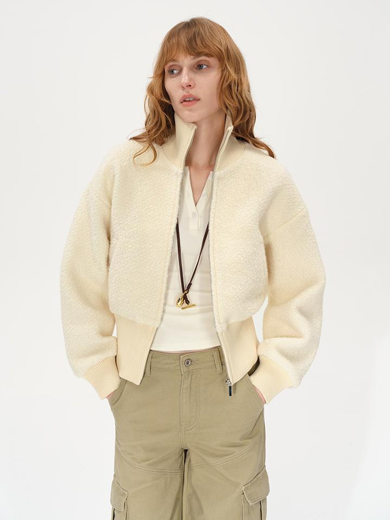 Wool Rib Knit Zip Front Cropped Cardigan