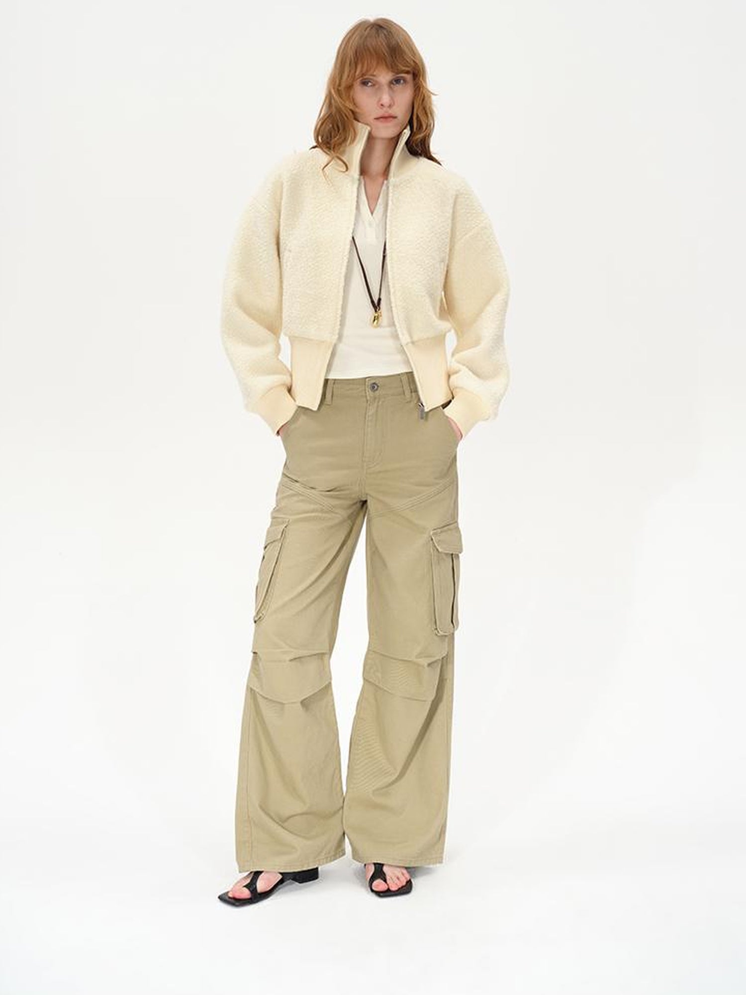 Wool Rib Knit Zip Front Cropped Cardigan