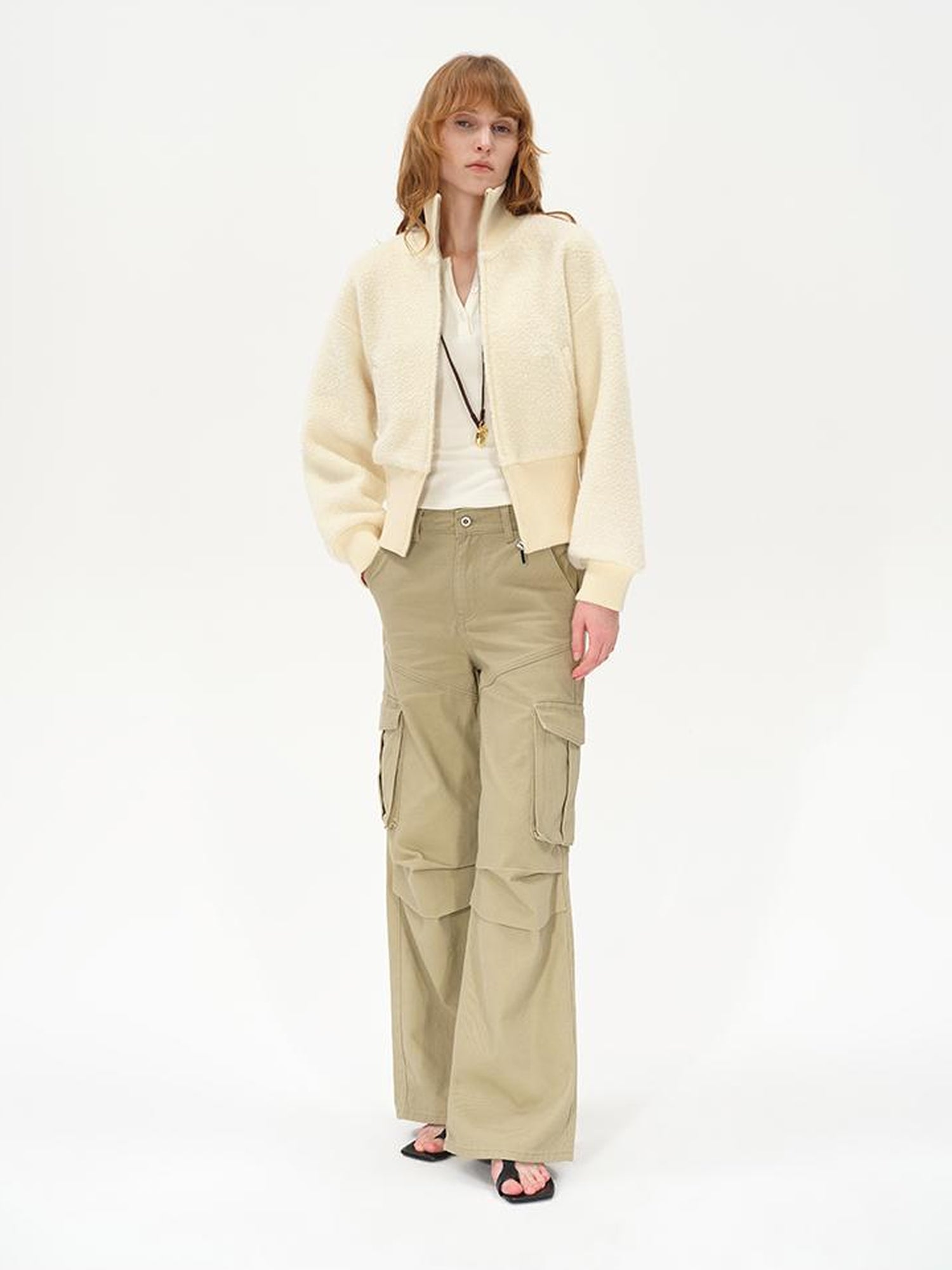 Wool Rib Knit Zip Front Cropped Cardigan