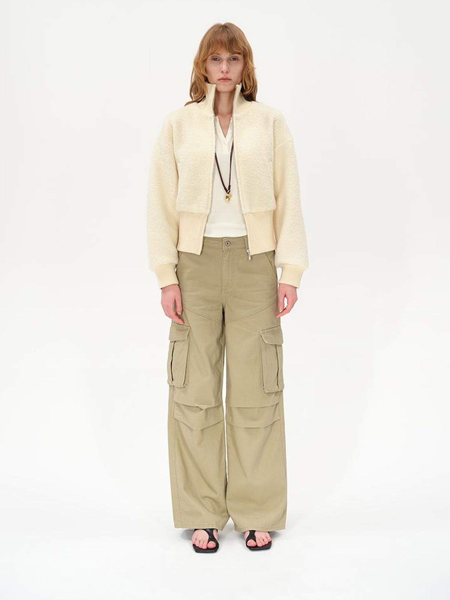 Wool Rib Knit Zip Front Cropped Cardigan