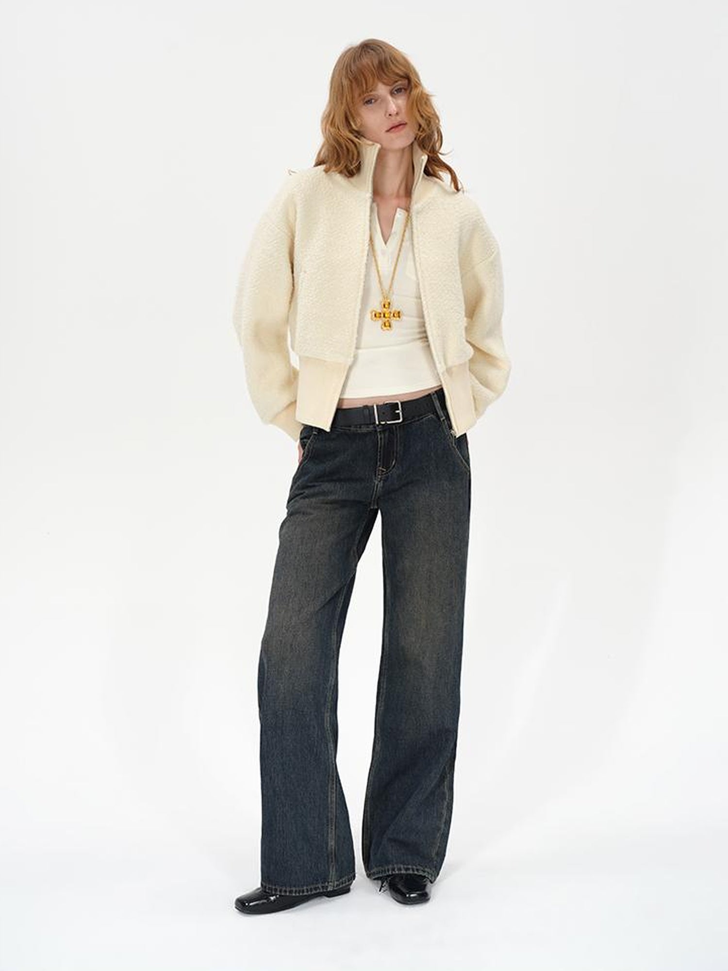 Wool Rib Knit Zip Front Cropped Cardigan