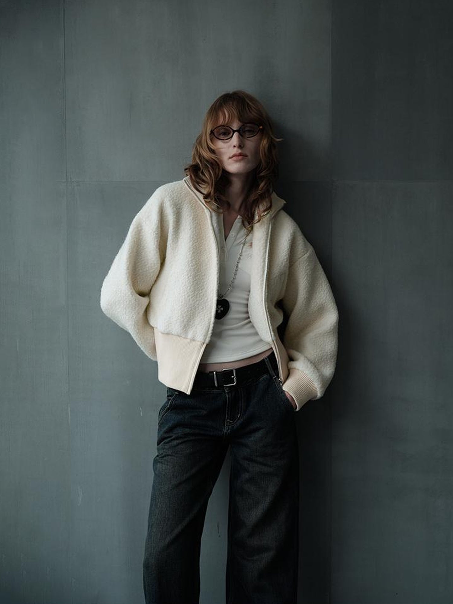 Wool Rib Knit Zip Front Cropped Cardigan