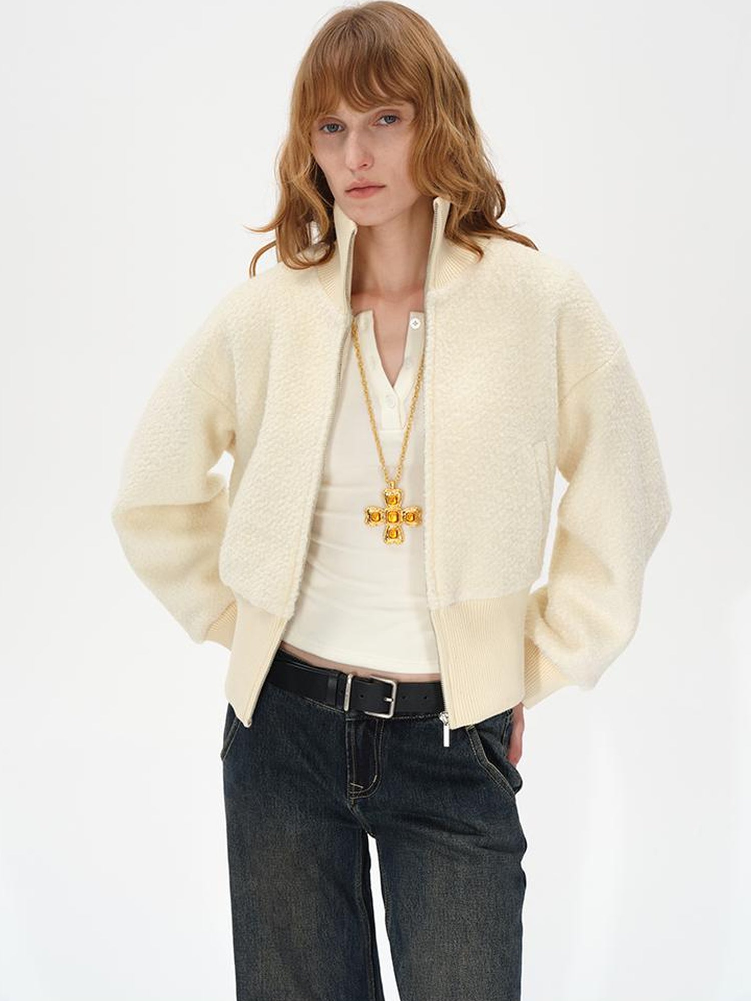 Wool Rib Knit Zip Front Cropped Cardigan