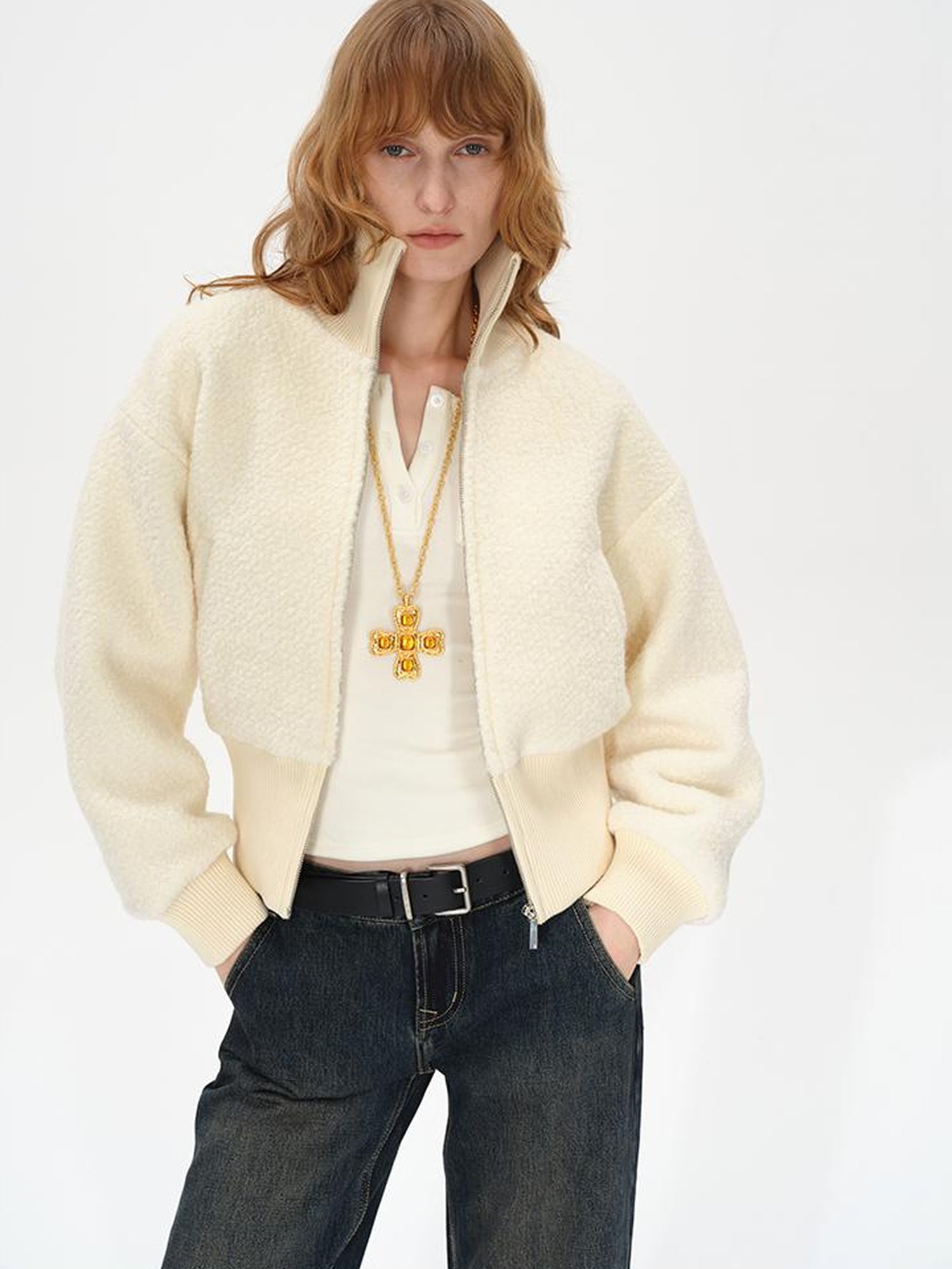 Wool Rib Knit Zip Front Cropped Cardigan