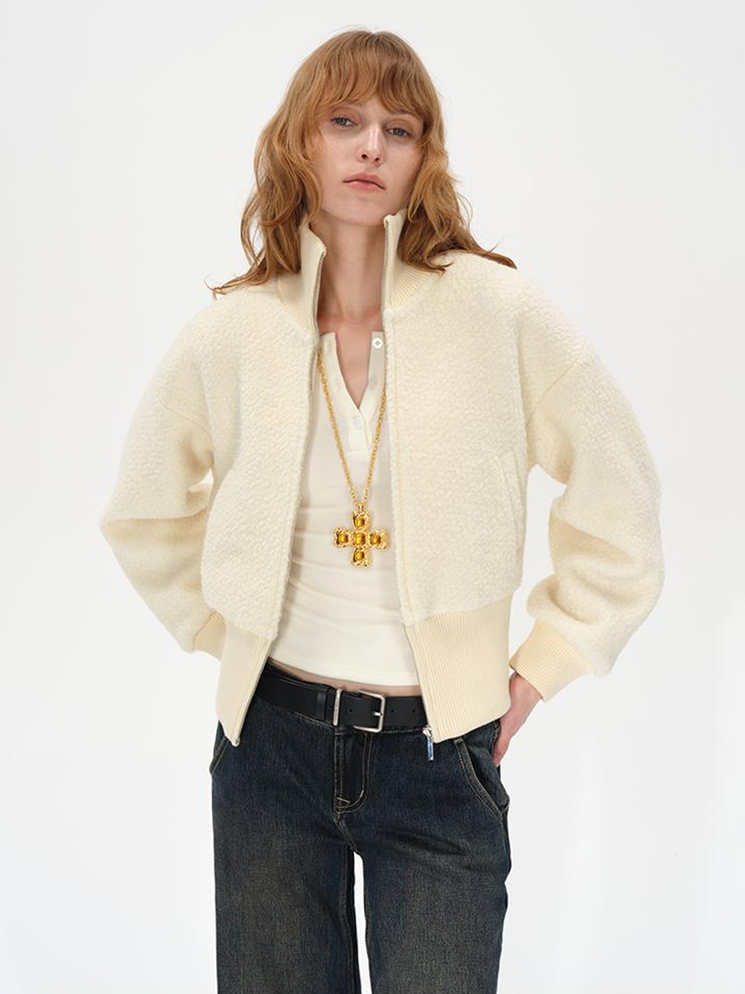 Wool Rib Knit Zip Front Cropped Cardigan