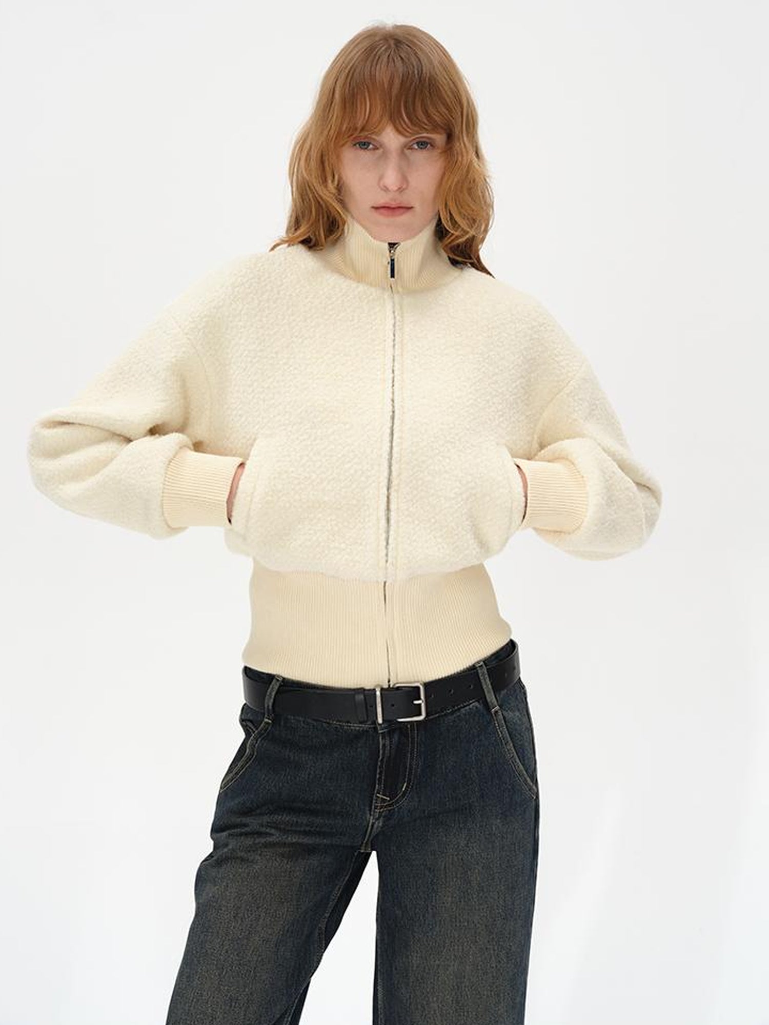 Wool Rib Knit Zip Front Cropped Cardigan