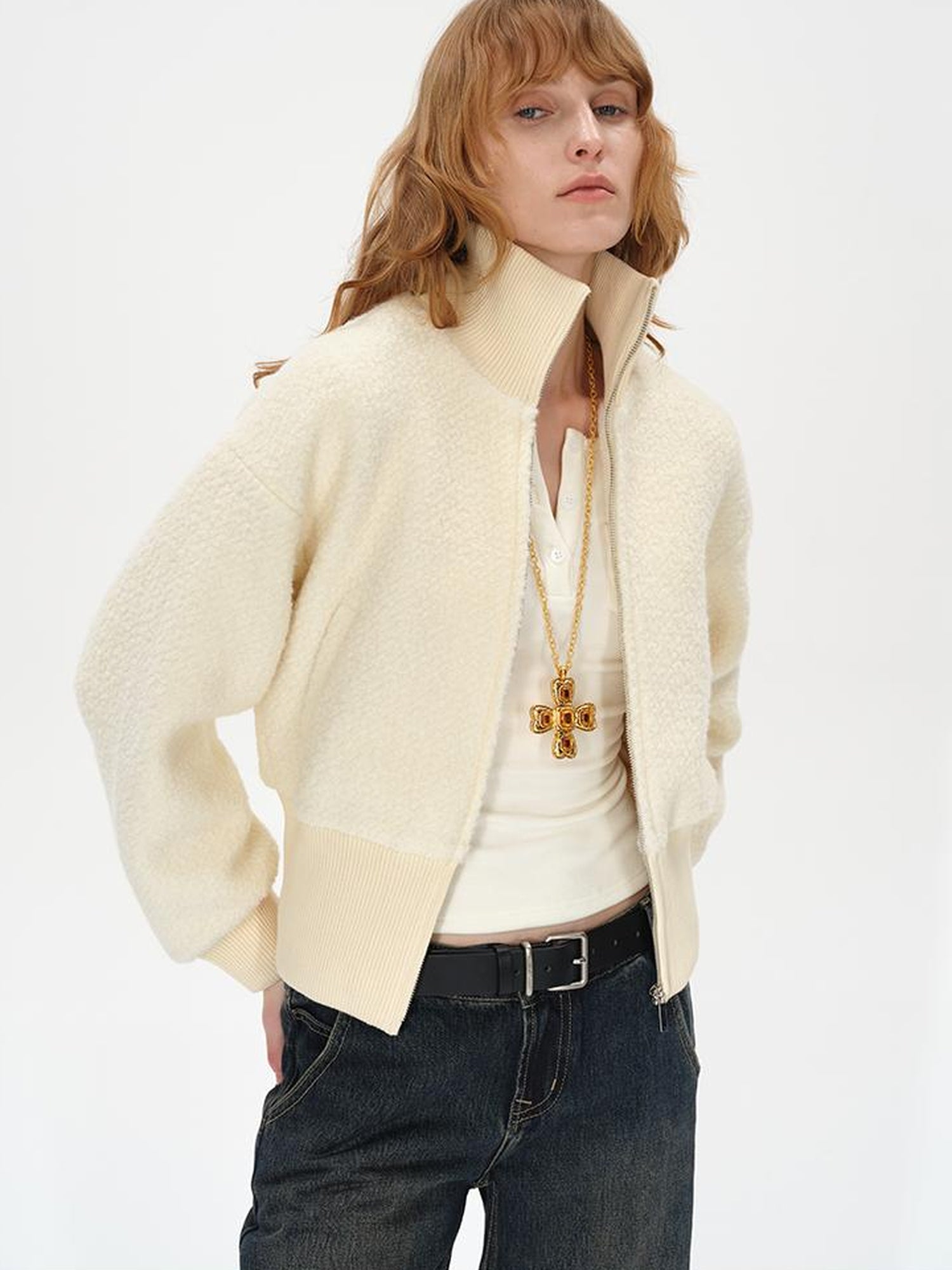 Wool Rib Knit Zip Front Cropped Cardigan