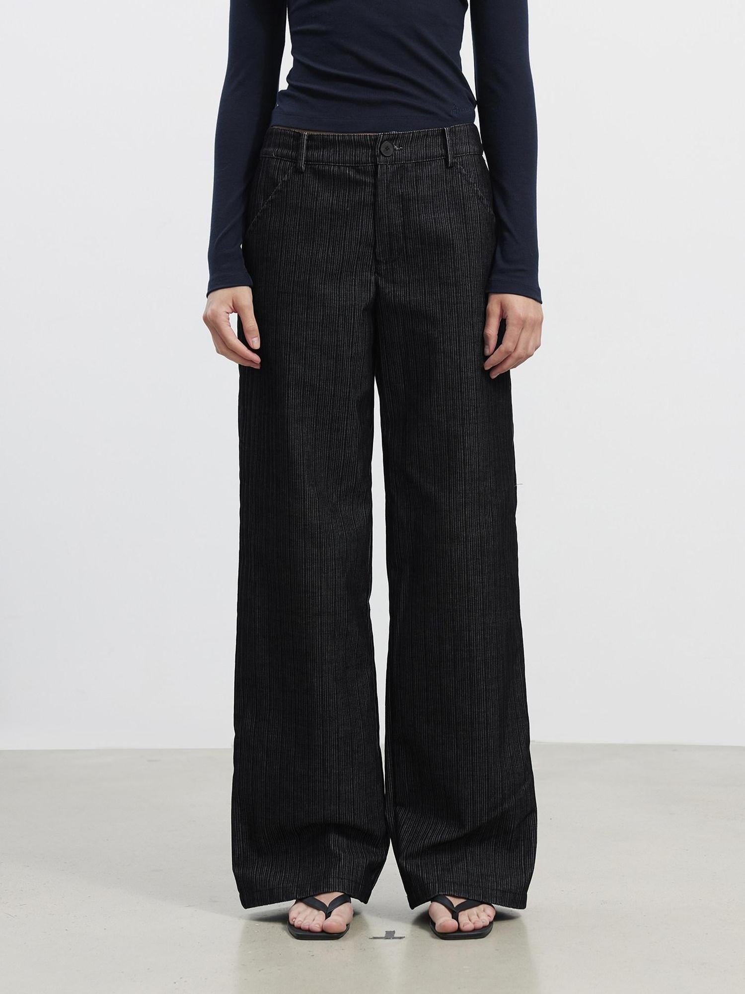 AFTADAWN Wrinkle Resistant Striped Wide Leg Pockets Women Black Polyester Blend Pants